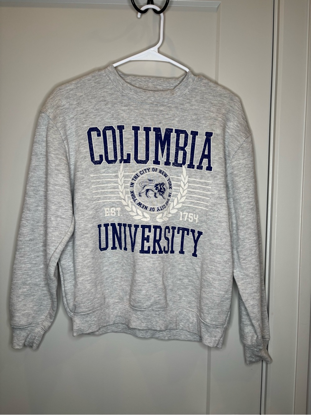 Columbia University Heather Gray Crewneck with Navy University Script